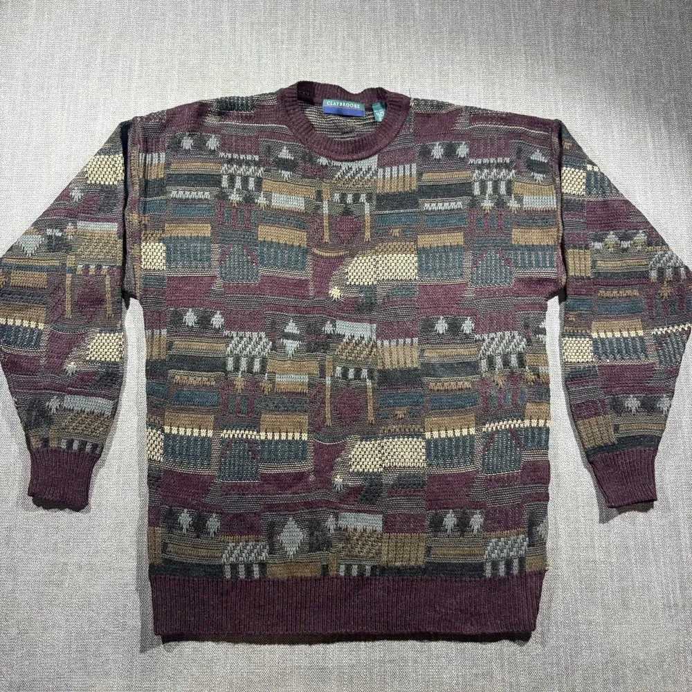 Vintage Claybrooke Sweater Mens 2XL Multicolor Geometric Knit Crewneck Korea 90s
